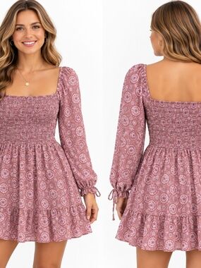As U Wish Mauve Floral Smocked Milkmaid Square-Neck Mini Dress Women's Size M
